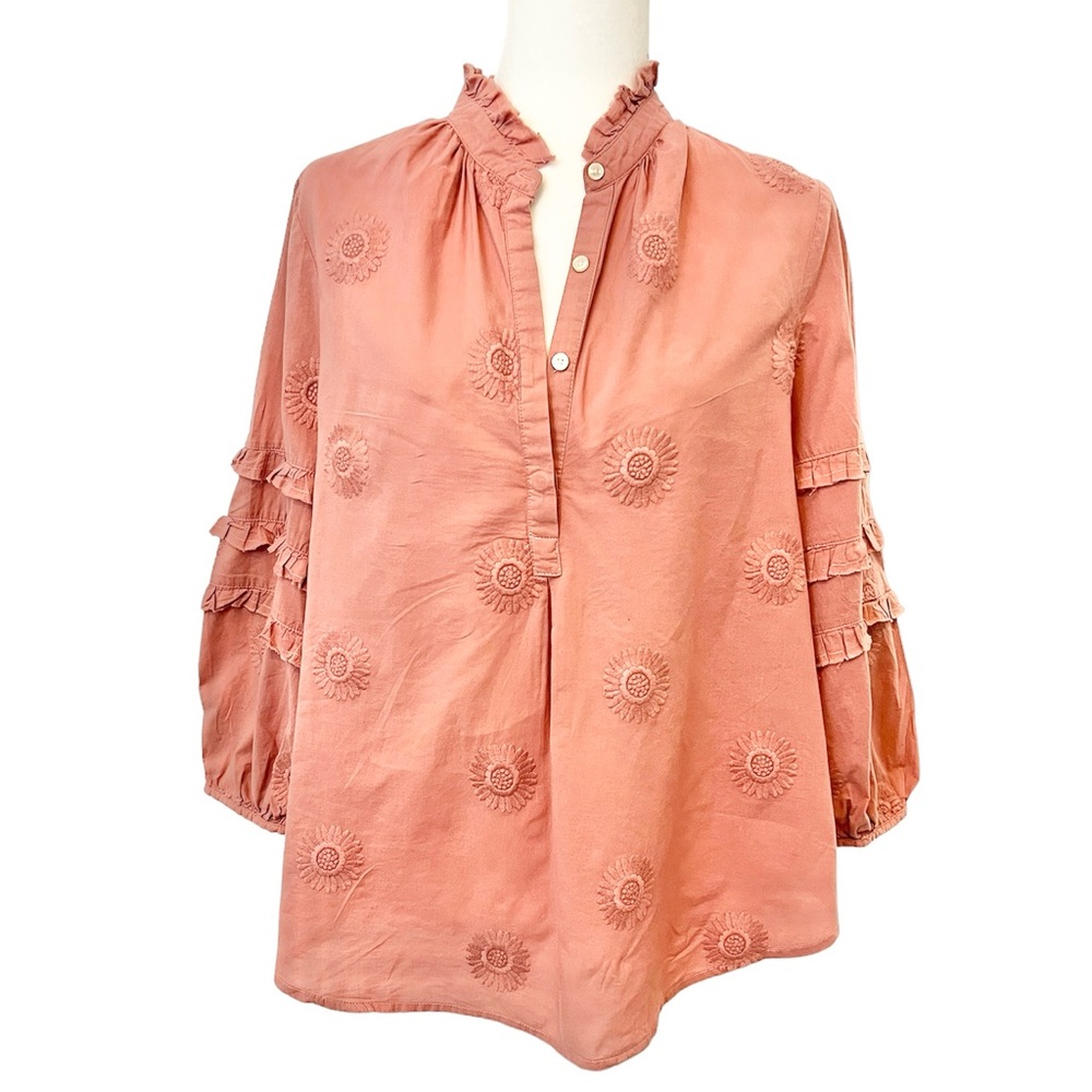 Antropologie Isabella Sinclair Sunflower Embroidered Pink Henley Top Size Medium